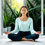 A professional woman, in a modest, comfortable long-sleeved top and trousers, sitting in a serene, modern living room. She is meditating with a calm expression, eyes gently closed, hands resting softly in her lap. Soft morning light streams through a window, illuminating minimalist decor and a few green plants in the background. A subtle, elegant meditation app interface is visible on a tablet or phone placed on a nearby low table. The atmosphere is peaceful and tranquil, suggesting inner calm.
    fully clothed, modest clothing, appropriate attire, professional dress, perfect anatomy, correct proportions, natural pose, well-formed hands, proper finger count, natural body proportions, safe for work, appropriate content, professional, family-friendly.