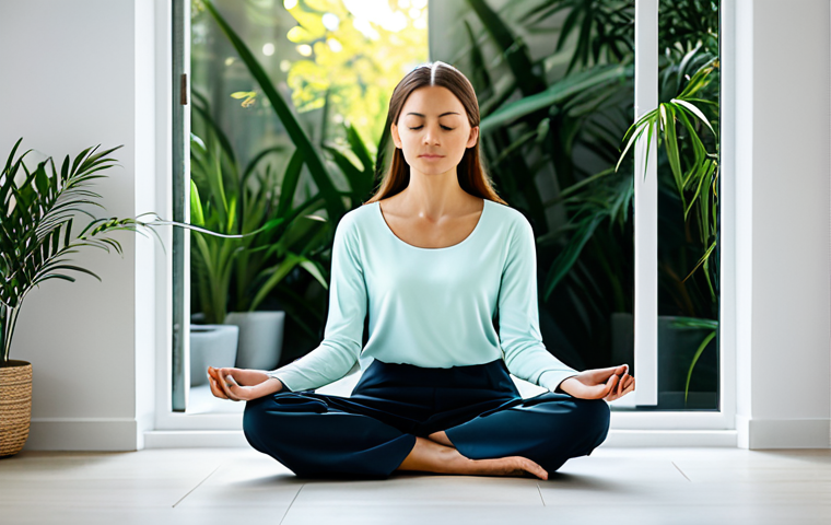 A professional woman, in a modest, comfortable long-sleeved top and trousers, sitting in a serene, modern living room. She is meditating with a calm expression, eyes gently closed, hands resting softly in her lap. Soft morning light streams through a window, illuminating minimalist decor and a few green plants in the background. A subtle, elegant meditation app interface is visible on a tablet or phone placed on a nearby low table. The atmosphere is peaceful and tranquil, suggesting inner calm.
    fully clothed, modest clothing, appropriate attire, professional dress, perfect anatomy, correct proportions, natural pose, well-formed hands, proper finger count, natural body proportions, safe for work, appropriate content, professional, family-friendly.