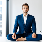 A professional individual, fully clothed in a modest business suit, sitting calmly at a modern desk in a brightly lit, clean office. Their posture is composed and serene, reflecting deep focus and inner peace, as if having just completed a short meditation. The environment is conducive to high productivity. perfect anatomy, correct proportions, natural pose, well-formed hands, proper finger count, natural body proportions, professional photography, high quality, safe for work, appropriate content, fully clothed, professional, family-friendly.
