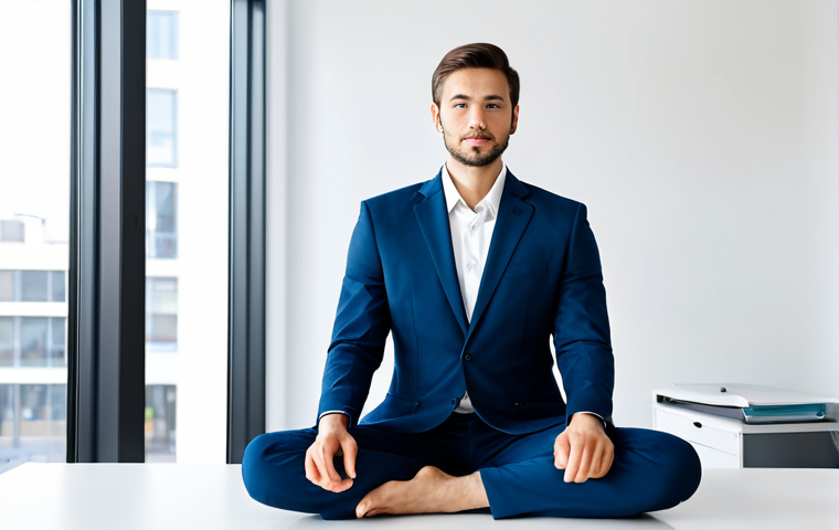 A professional individual, fully clothed in a modest business suit, sitting calmly at a modern desk in a brightly lit, clean office. Their posture is composed and serene, reflecting deep focus and inner peace, as if having just completed a short meditation. The environment is conducive to high productivity. perfect anatomy, correct proportions, natural pose, well-formed hands, proper finger count, natural body proportions, professional photography, high quality, safe for work, appropriate content, fully clothed, professional, family-friendly.