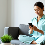 A professional woman, fully clothed in modest, comfortable attire, sitting calmly in a modern, minimalistic living room bathed in soft natural light. She is holding a smartphone with a meditation app displayed, eyes gently closed, a serene expression on her face. A lush green plant is subtly visible in the background, adding a touch of nature. The atmosphere is peaceful and tranquil. Safe for work, appropriate content, professional dress, perfect anatomy, correct proportions, natural pose, well-formed hands, proper finger count, natural body proportions, high quality, professional photography, family-friendly.