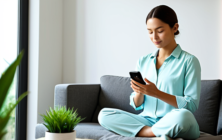 A professional woman, fully clothed in modest, comfortable attire, sitting calmly in a modern, minimalistic living room bathed in soft natural light. She is holding a smartphone with a meditation app displayed, eyes gently closed, a serene expression on her face. A lush green plant is subtly visible in the background, adding a touch of nature. The atmosphere is peaceful and tranquil. Safe for work, appropriate content, professional dress, perfect anatomy, correct proportions, natural pose, well-formed hands, proper finger count, natural body proportions, high quality, professional photography, family-friendly.