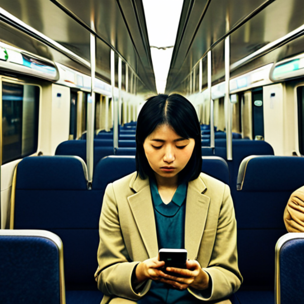 명상 앱으로 얻는 정신적 안녕 - **Image Prompt 1: Urban Oasis of Calm**
    A wide shot of a crowded Japanese subway car during rush...