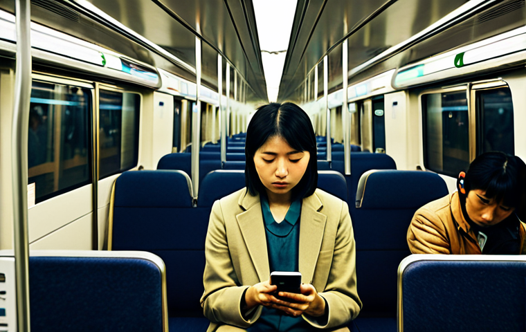 명상 앱으로 얻는 정신적 안녕 - **Image Prompt 1: Urban Oasis of Calm**
    A wide shot of a crowded Japanese subway car during rush...
