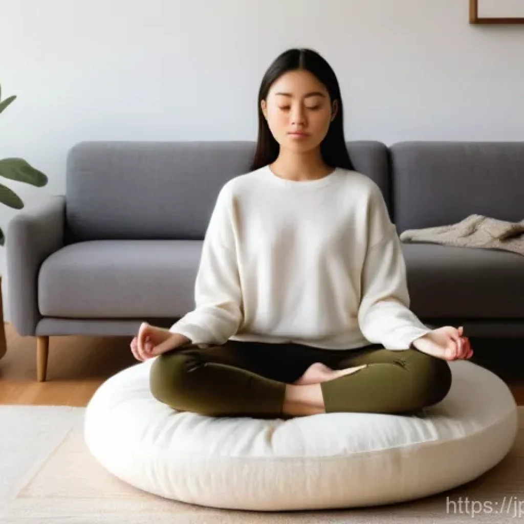 명상 앱을 통한 스트레스 해소 전략 - **Prompt:** A serene young woman, around 25-35 years old, sits cross-legged on a plush meditation cu...