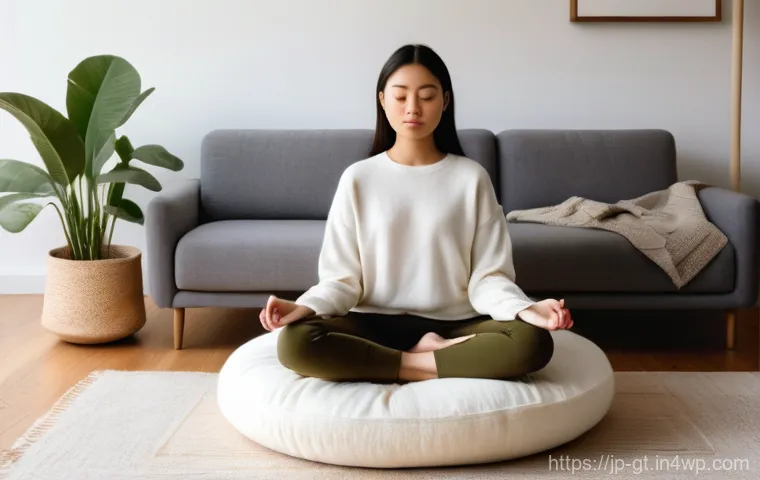 명상 앱을 통한 스트레스 해소 전략 - **Prompt:** A serene young woman, around 25-35 years old, sits cross-legged on a plush meditation cu...