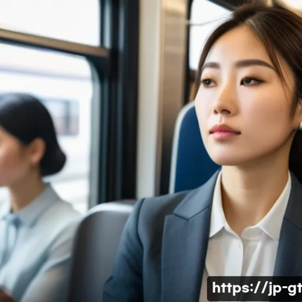 명상 앱의 성장 가능성 - A modern Japanese commuter train scene during rush hour, featuring a young professional woman wearin...