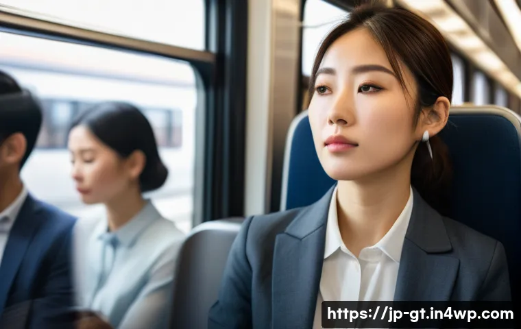 명상 앱의 성장 가능성 - A modern Japanese commuter train scene during rush hour, featuring a young professional woman wearin...
