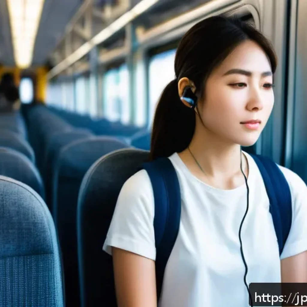 명상 앱 소개 기능과 장단점 - A serene morning commuter scene in a Japanese urban setting, featuring a young Japanese woman wearin...
