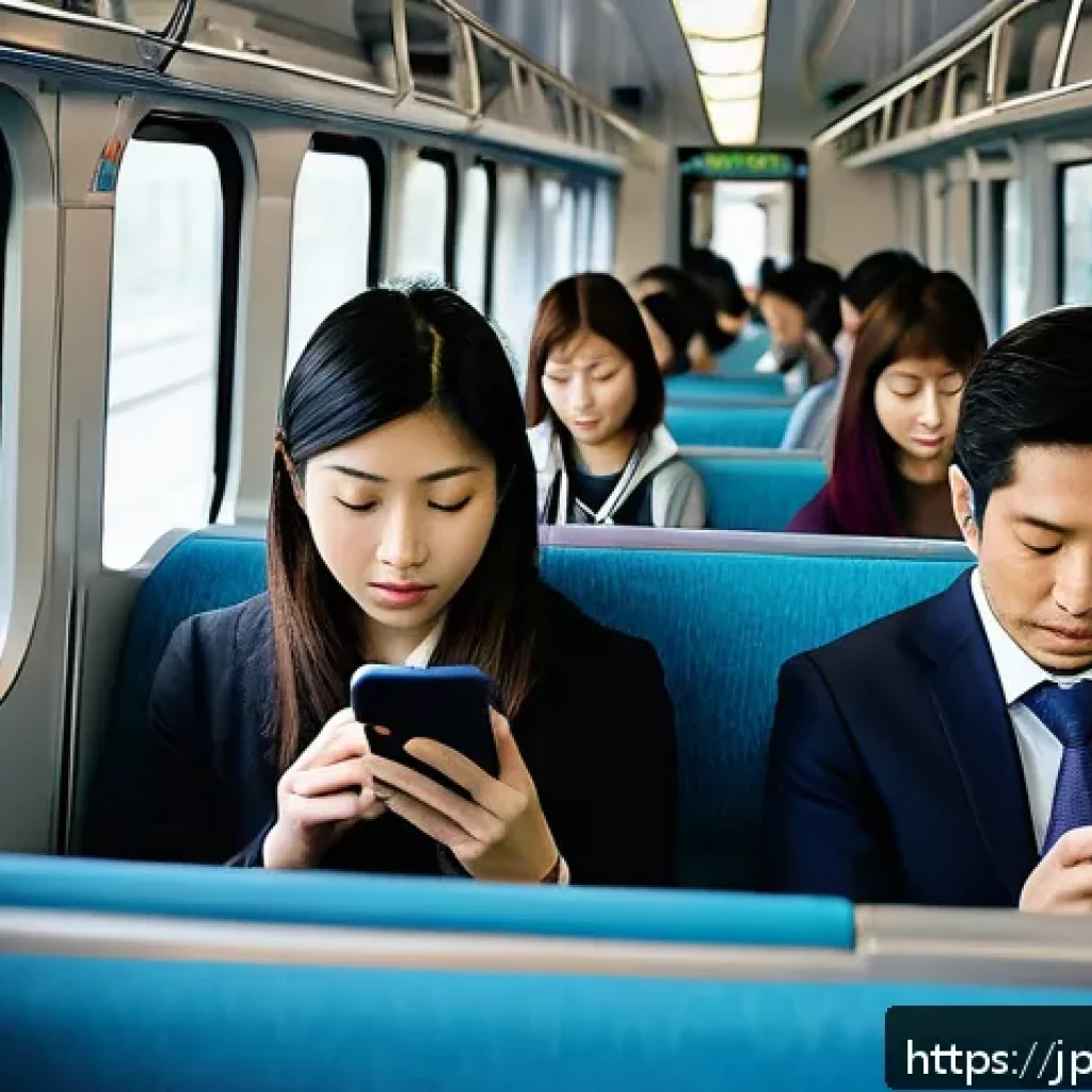 명상 앱과 관련된 글로벌 트렌드 - A modern Japanese commuter train interior filled with diverse passengers, each quietly using meditat...