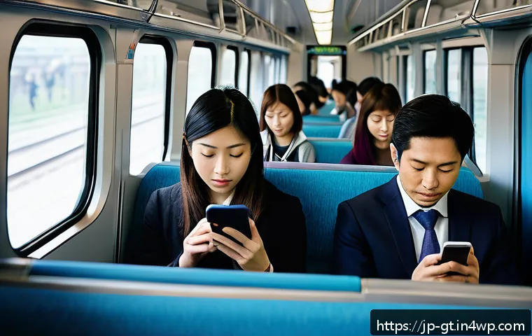 명상 앱과 관련된 글로벌 트렌드 - A modern Japanese commuter train interior filled with diverse passengers, each quietly using meditat...