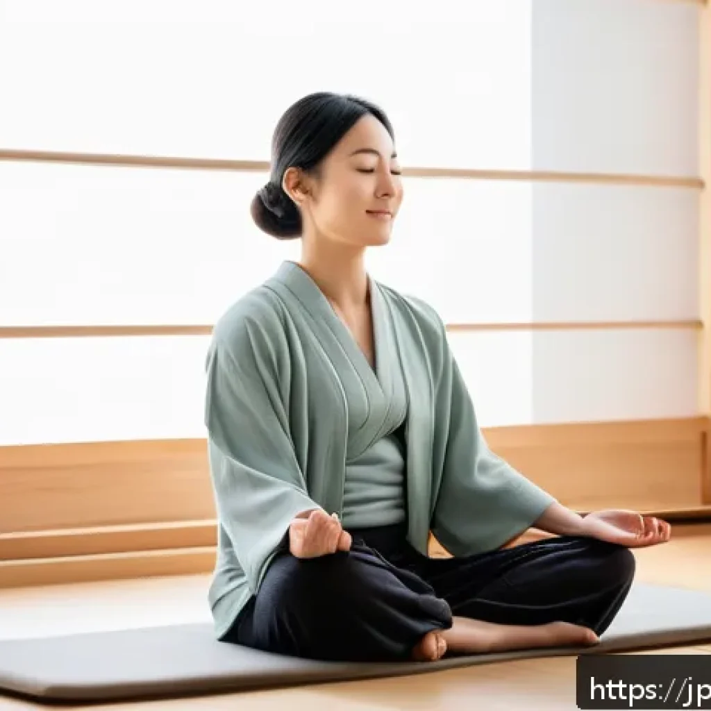 명상 앱을 활용한 일상 속 변화 - A modern Japanese woman in her 30s sitting peacefully on a soft cushion in a minimalist living room ...