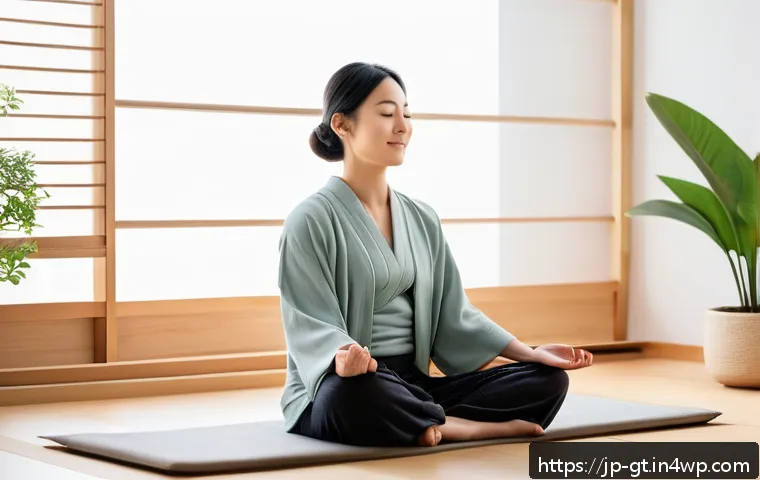 명상 앱을 활용한 일상 속 변화 - A modern Japanese woman in her 30s sitting peacefully on a soft cushion in a minimalist living room ...