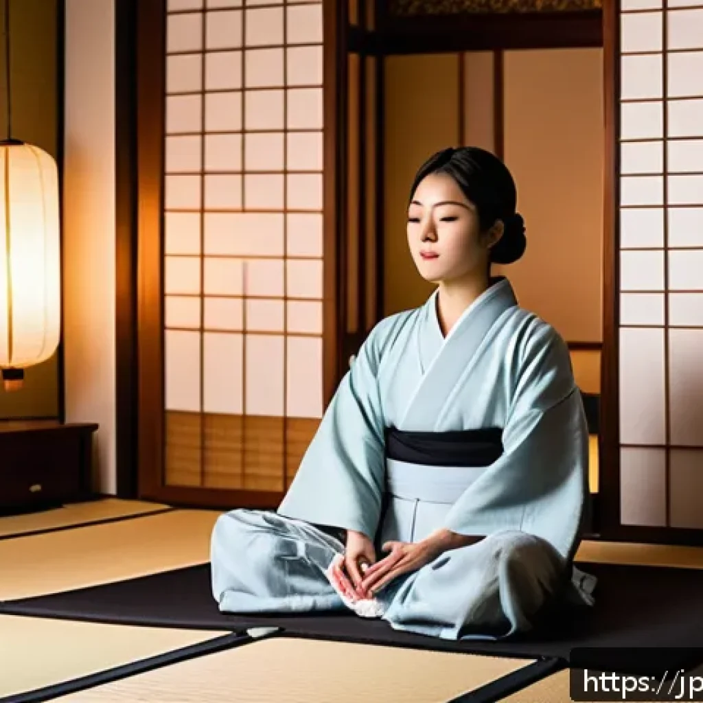 명상 앱을 통한 긍정적인 변화 - A serene Japanese-style bedroom scene at night, softly lit by warm, dimmed lamps and subtle paper la...