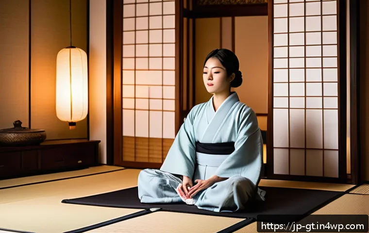 명상 앱을 통한 긍정적인 변화 - A serene Japanese-style bedroom scene at night, softly lit by warm, dimmed lamps and subtle paper la...