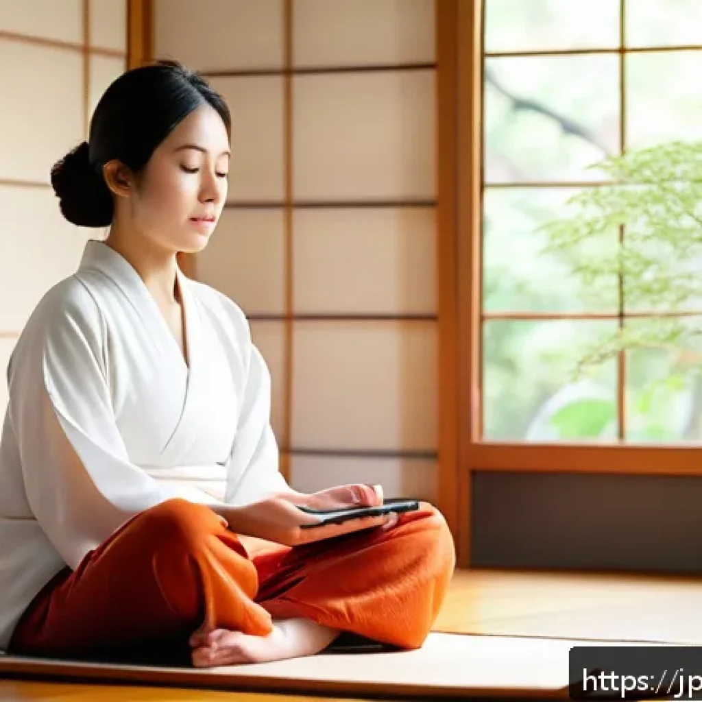 명상 앱 사용 시 흔히 겪는 오류 - A serene Japanese-style room with soft natural light filtering through shoji screens, a young Japane...