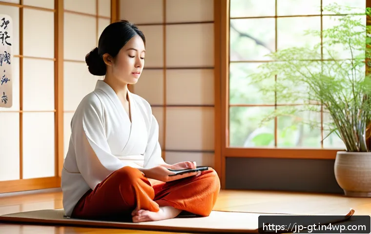명상 앱 사용 시 흔히 겪는 오류 - A serene Japanese-style room with soft natural light filtering through shoji screens, a young Japane...