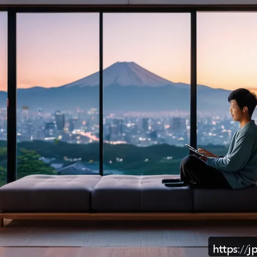 명상 앱의 효과적인 활용법 - A modern minimalist bedroom scene at dusk, showing a Japanese man in casual loungewear sitting on a ...