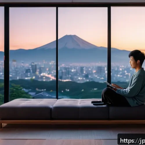 명상 앱의 효과적인 활용법 - A modern minimalist bedroom scene at dusk, showing a Japanese man in casual loungewear sitting on a ...