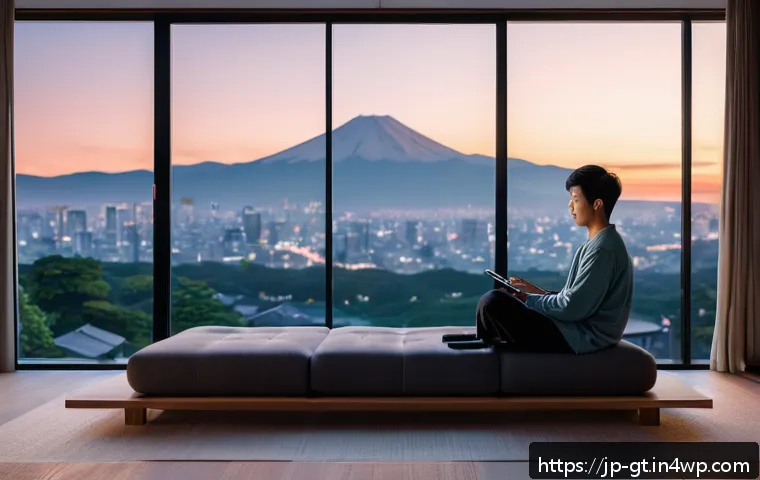 명상 앱의 효과적인 활용법 - A modern minimalist bedroom scene at dusk, showing a Japanese man in casual loungewear sitting on a ...