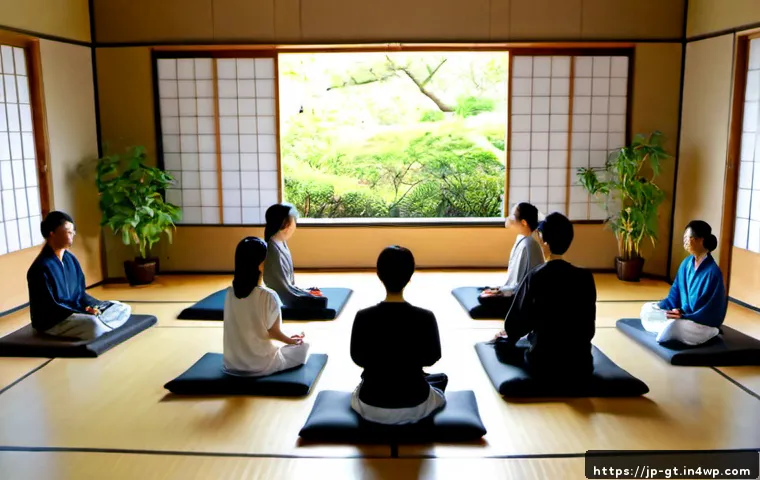 명상 커뮤니티와 명상 앱의 역할 - Photorealistic peaceful Japanese community meditation circle in a sunlit modern wooden studio, diver...
