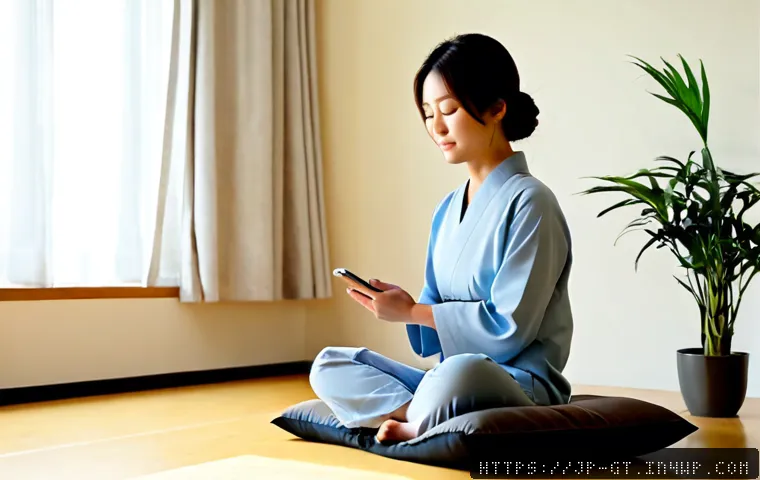 초보자를 위한 명상 앱 사용법 - Photorealistic Japanese woman in her early 30s sitting comfortably on a floor cushion in a calm, sun...
